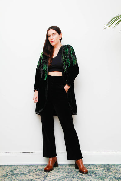 Vintage Black Silk Velvet Sequin Jacket , Green Opulent Design