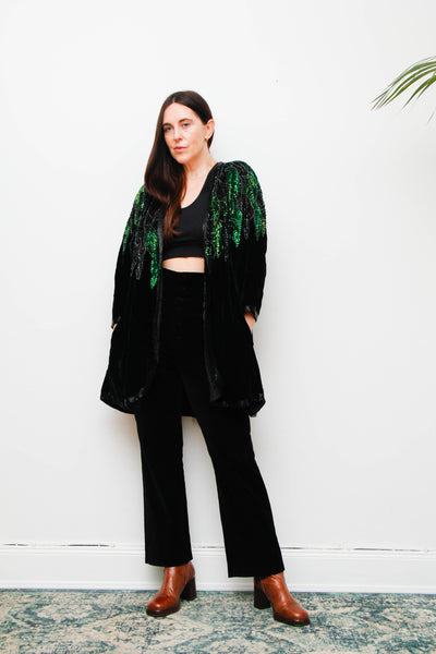 Vintage Black Silk Velvet Sequin Jacket , Green Opulent Design
