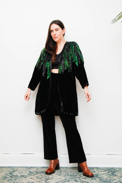 Vintage Black Silk Velvet Sequin Jacket , Green Opulent Design