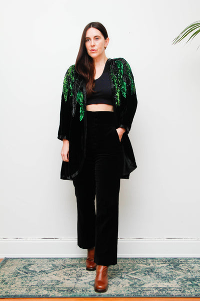 Vintage Black Silk Velvet Sequin Jacket , Green Opulent Design