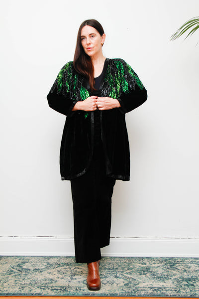 Vintage Black Silk Velvet Sequin Jacket , Green Opulent Design