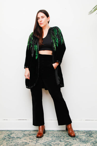 Vintage Black Silk Velvet Sequin Jacket , Green Opulent Design