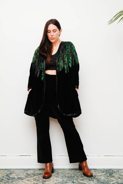 Vintage Black Silk Velvet Sequin Jacket , Green Opulent Design