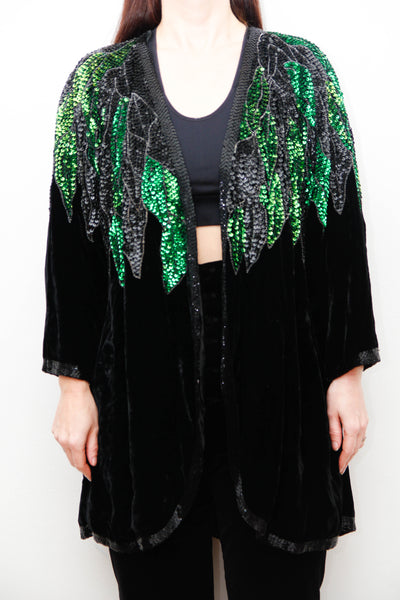 Vintage Black Silk Velvet Sequin Jacket , Green Opulent Design