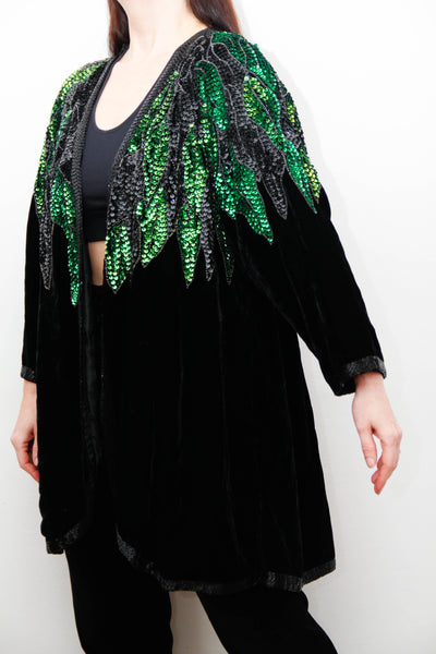 Vintage Black Silk Velvet Sequin Jacket , Green Opulent Design