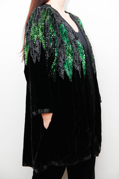 Vintage Black Silk Velvet Sequin Jacket , Green Opulent Design