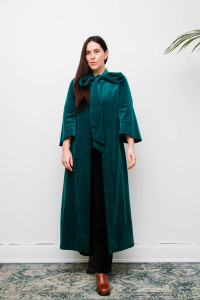 1950s Royal Green Cotton Velvet Opera Coat with Bow Neck Tie