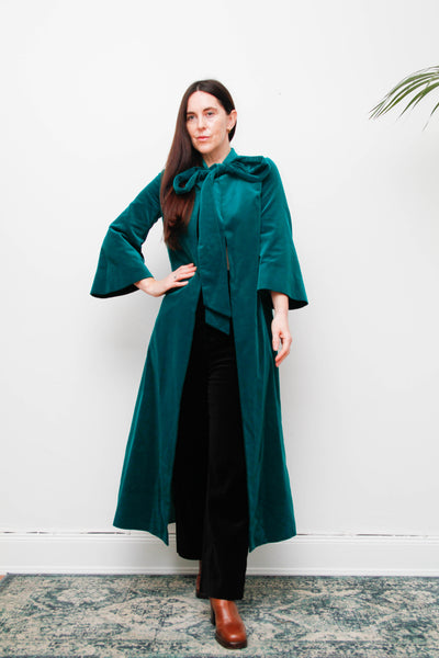 1950s Royal Green Cotton Velvet Opera Coat with Bow Neck Tie
