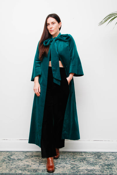 1950s Royal Green Cotton Velvet Opera Coat with Bow Neck Tie