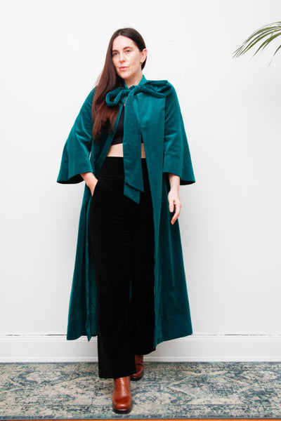 1950s Royal Green Cotton Velvet Opera Coat with Bow Neck Tie