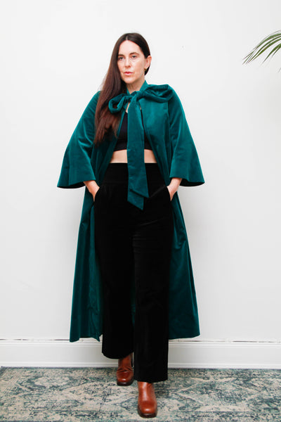 1950s Royal Green Cotton Velvet Opera Coat with Bow Neck Tie