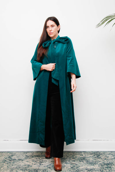 1950s Royal Green Cotton Velvet Opera Coat with Bow Neck Tie