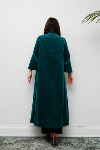 1950s Royal Green Cotton Velvet Opera Coat with Bow Neck Tie