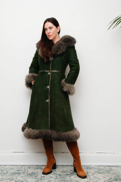Vintage Forest Green Suede Sheepskin Coat with Grey-Brown Fur Trim