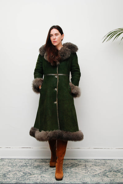 Vintage Forest Green Suede Sheepskin Coat with Grey-Brown Fur Trim