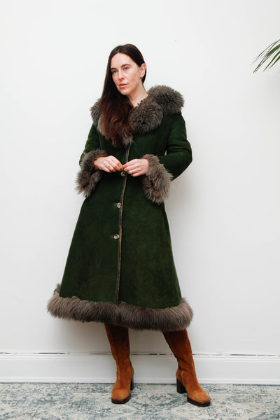 Vintage Forest Green Suede Sheepskin Coat with Grey-Brown Fur Trim