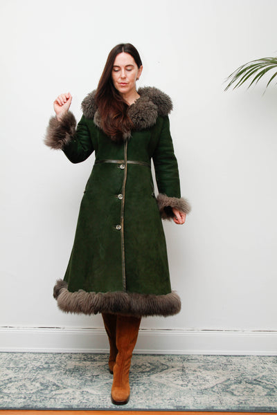 Vintage Forest Green Suede Sheepskin Coat with Grey-Brown Fur Trim