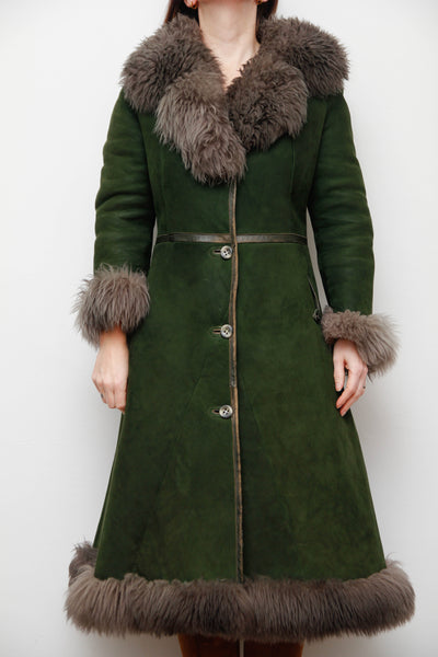 Vintage Forest Green Suede Sheepskin Coat with Grey-Brown Fur Trim