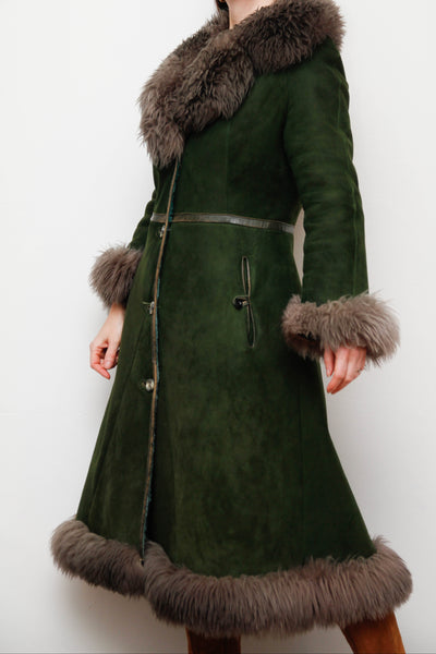 Vintage Forest Green Suede Sheepskin Coat with Grey-Brown Fur Trim