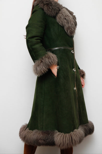 Vintage Forest Green Suede Sheepskin Coat with Grey-Brown Fur Trim