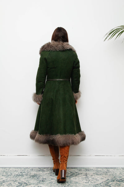 Vintage Forest Green Suede Sheepskin Coat with Grey-Brown Fur Trim