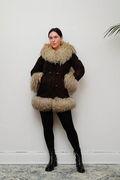 Vintage 1970s Brown Suede Sheepskin Coat with Mongolian Fur Collar & Cuffs