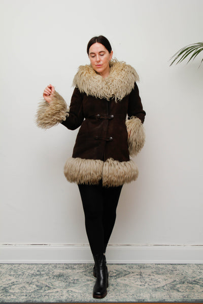 Vintage 1970s Brown Suede Sheepskin Coat with Mongolian Fur Collar & Cuffs