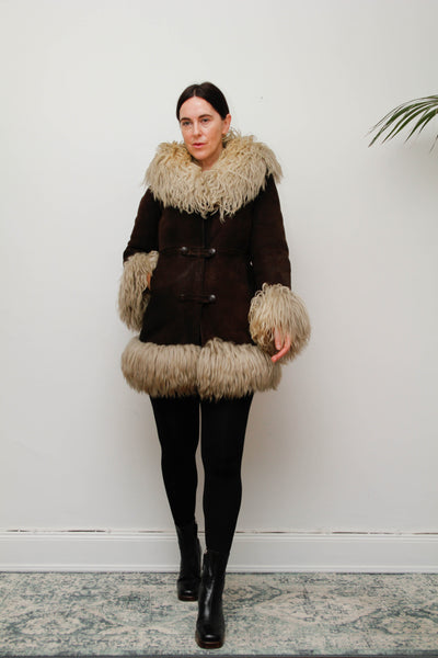Vintage 1970s Brown Suede Sheepskin Coat with Mongolian Fur Collar & Cuffs