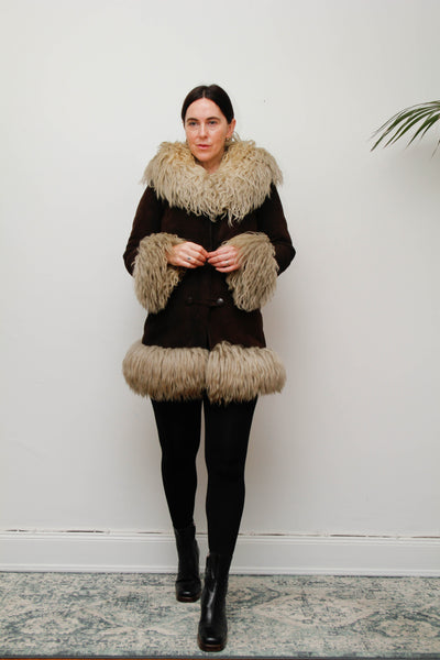 Vintage 1970s Brown Suede Sheepskin Coat with Mongolian Fur Collar & Cuffs