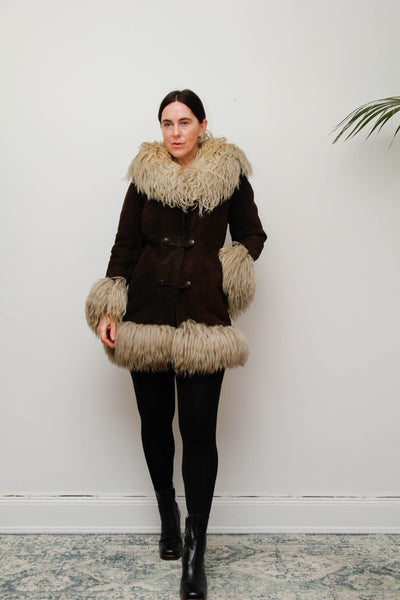 Vintage 1970s Brown Suede Sheepskin Coat with Mongolian Fur Collar & Cuffs