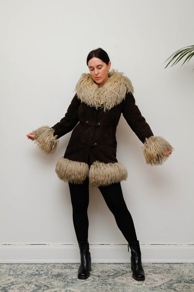 Vintage 1970s Brown Suede Sheepskin Coat with Mongolian Fur Collar & Cuffs