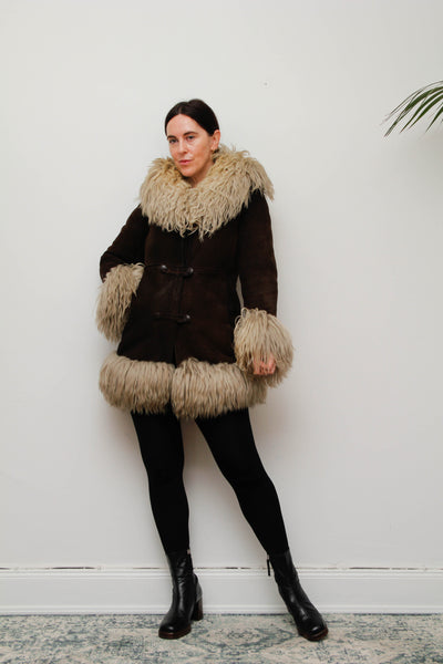 Vintage 1970s Brown Suede Sheepskin Coat with Mongolian Fur Collar & Cuffs