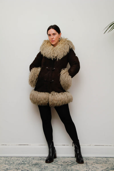 Vintage 1970s Brown Suede Sheepskin Coat with Mongolian Fur Collar & Cuffs