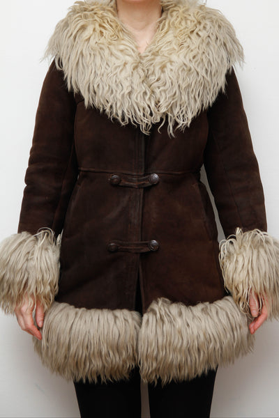 Vintage 1970s Brown Suede Sheepskin Coat with Mongolian Fur Collar & Cuffs