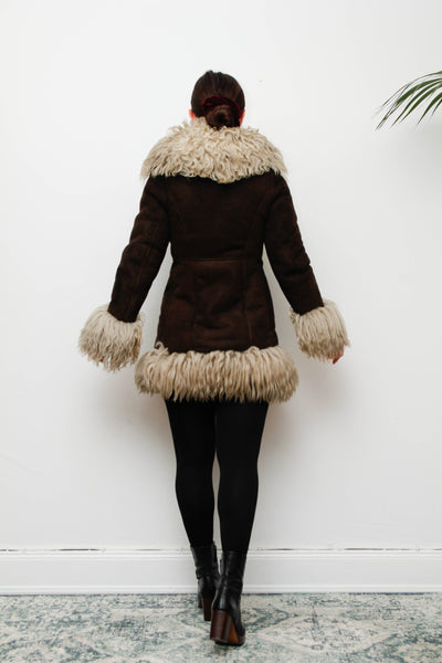 Vintage 1970s Brown Suede Sheepskin Coat with Mongolian Fur Collar & Cuffs