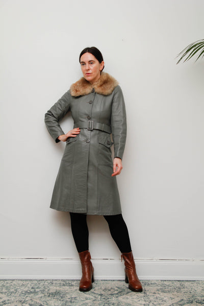Original 1970s Afghan Sheepskin Coat in Light Grey with Self-Fabric Belt
