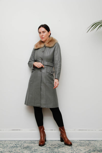 Original 1970s Afghan Sheepskin Coat in Light Grey with Self-Fabric Belt