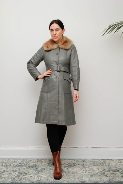 Original 1970s Afghan Sheepskin Coat in Light Grey with Self-Fabric Belt