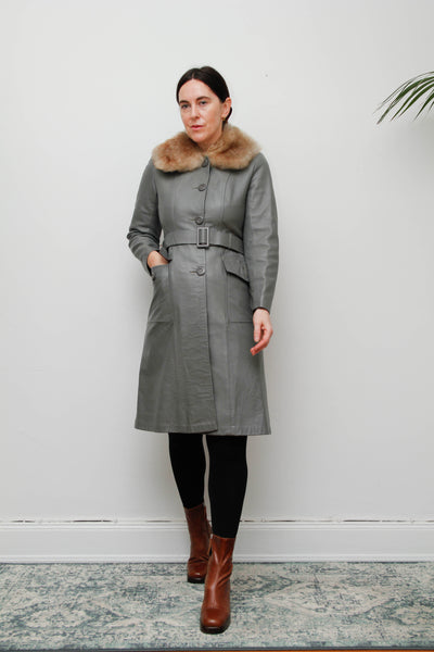 Original 1970s Afghan Sheepskin Coat in Light Grey with Self-Fabric Belt