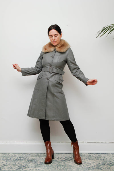 Original 1970s Afghan Sheepskin Coat in Light Grey with Self-Fabric Belt