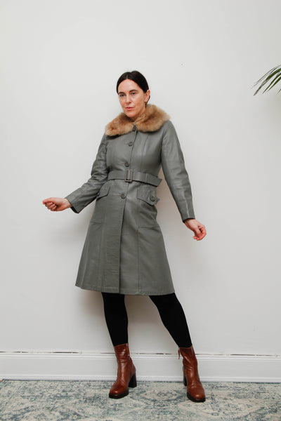 Original 1970s Afghan Sheepskin Coat in Light Grey with Self-Fabric Belt
