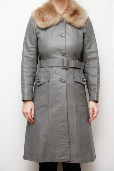 Original 1970s Afghan Sheepskin Coat in Light Grey with Self-Fabric Belt