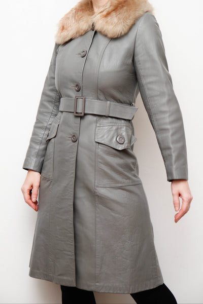 Original 1970s Afghan Sheepskin Coat in Light Grey with Self-Fabric Belt