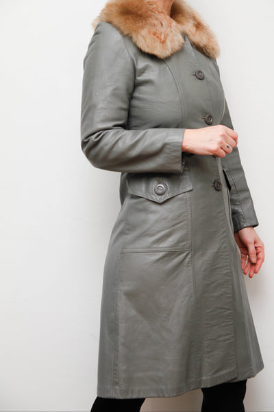 Original 1970s Afghan Sheepskin Coat in Light Grey with Self-Fabric Belt