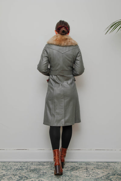 Original 1970s Afghan Sheepskin Coat in Light Grey with Self-Fabric Belt