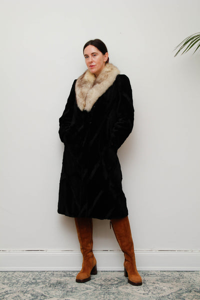 Luxurious Vintage Black Fur Coat with Silver Fox Trim