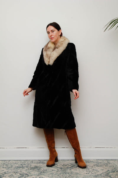 Luxurious Vintage Black Fur Coat with Silver Fox Trim