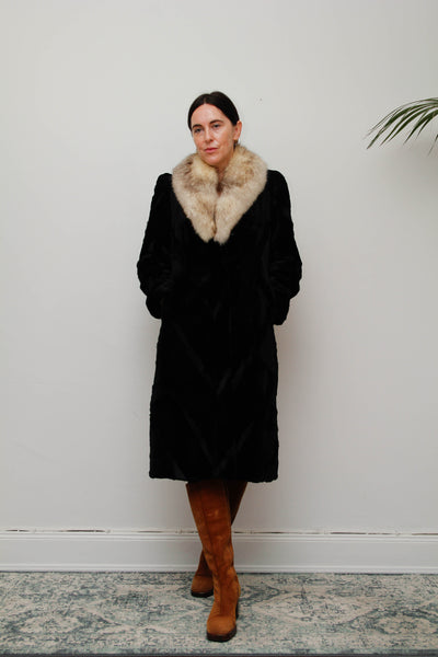 Luxurious Vintage Black Fur Coat with Silver Fox Trim