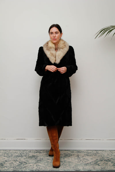 Luxurious Vintage Black Fur Coat with Silver Fox Trim