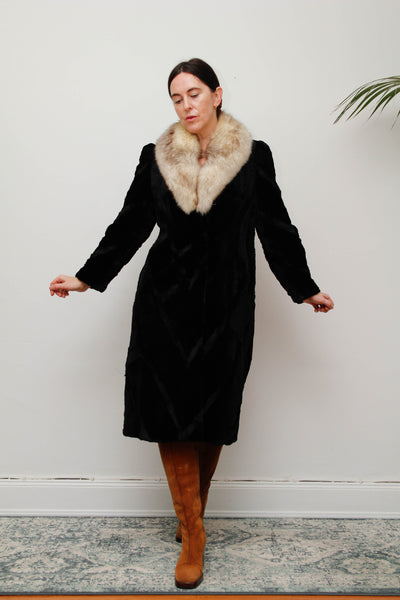 Luxurious Vintage Black Fur Coat with Silver Fox Trim